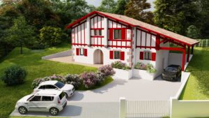 belle maison basque avec des colombages travaillés et angles en pierre