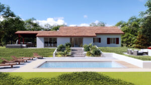 perspective d'un beau jardin avec piscine