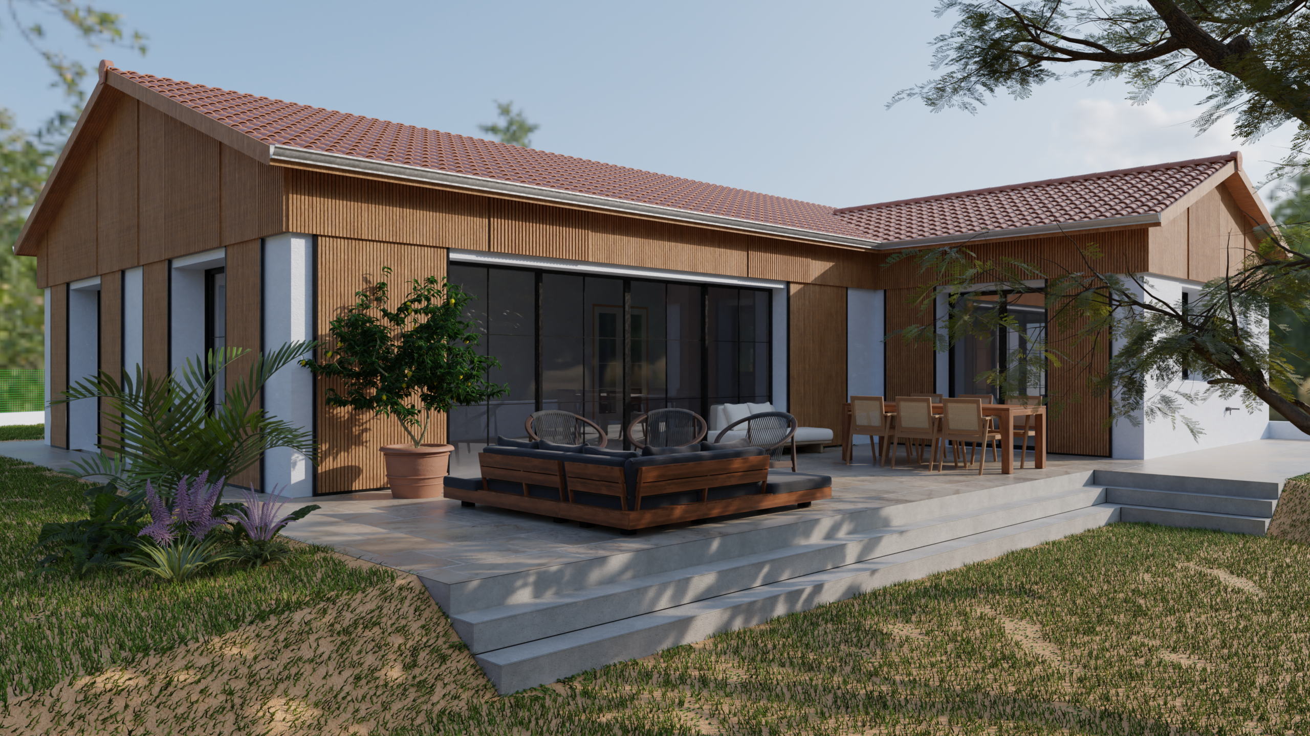 maison de plain pied avec façade et volets revêtus de liteaux de bois