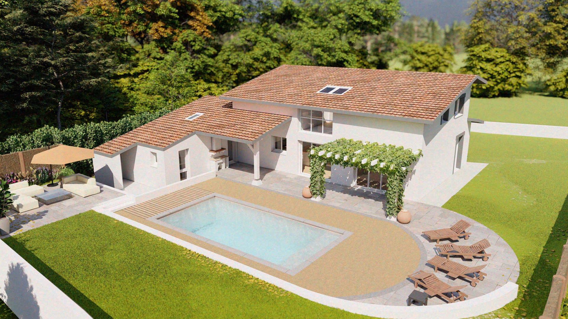 vue extérieure d'une villa avec piscine et pergola