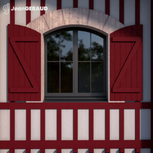 guerin 10 2024 fenêtres cintrées avec volets bois rouge basque et linteau et tableaux en pierre