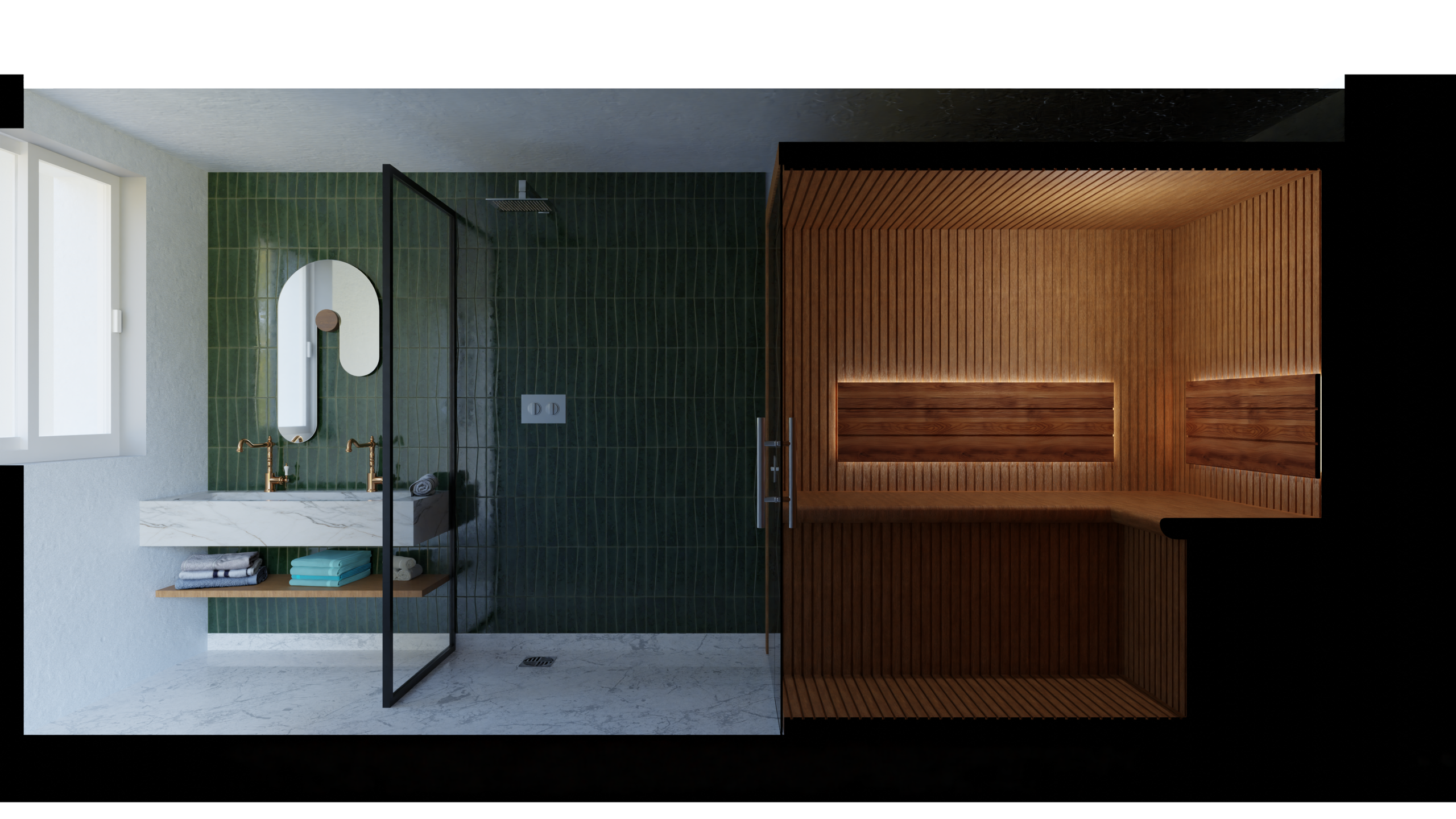 vue intérieure d'un sauna sur mesure en bois dans une salle de bain de charme
